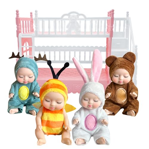 AMETUS 4 Pcs Mini Baby Dolls with Bunk Bed, Baby Bedroom House Furniture Set, Little Mini Reborn Babies, Cute Doll for Girls Kids, Birthday Baby Shower Party Gifts, Dinosaur Faery Fairy Little Tiger
