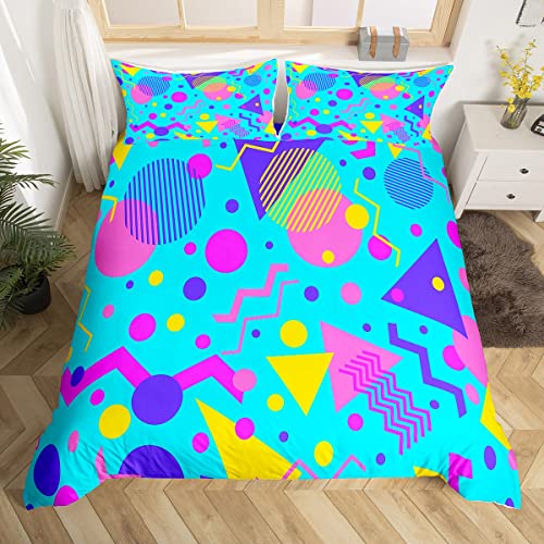 80s 90S Fashion Style Bedding Set Queen Size,Retro Memphis Style Pattern with Geometrical Shapes Duvet Cover for Kids Child,Funky Hipster Old Fashioned Comforter Cover Geometric Bedroom Decor