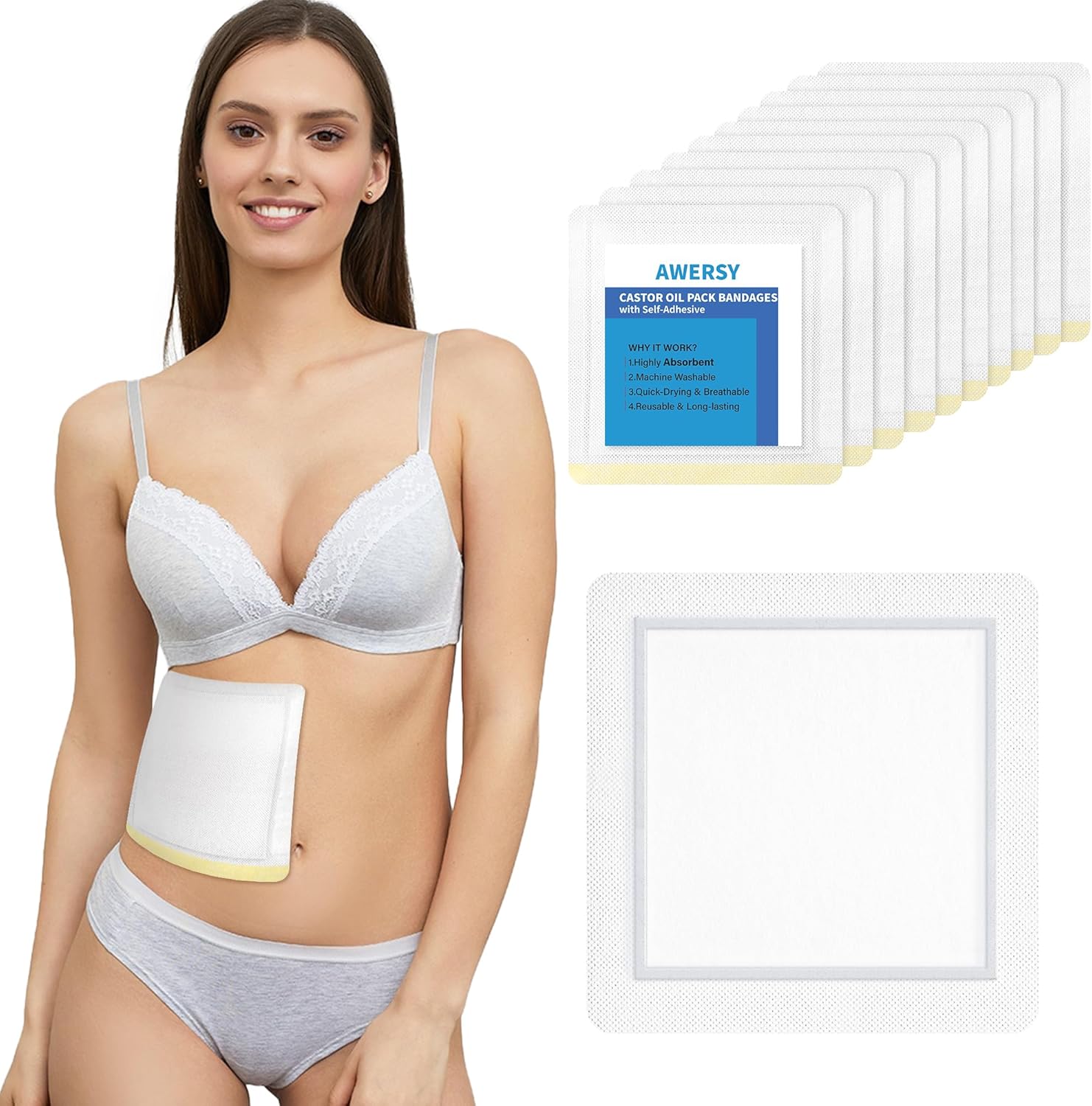 10 Pack Organic Castor Oil Pack Wrap,Self-Adhesive Organic Castor Oil Pack Kit,Flexible Highly Absorbent Castor Oil Wrap Packs for Better Absorb Castor Oil and Anti Oil Leak.