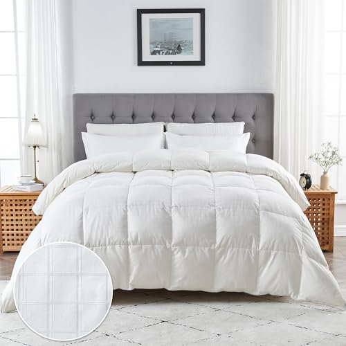 Goose Feather Comforter King Size, All Season Duvet Insert, Hotel Collection White Stripe Comforter, Ultra-Soft 100% Cotton Shell 500 Thread Count