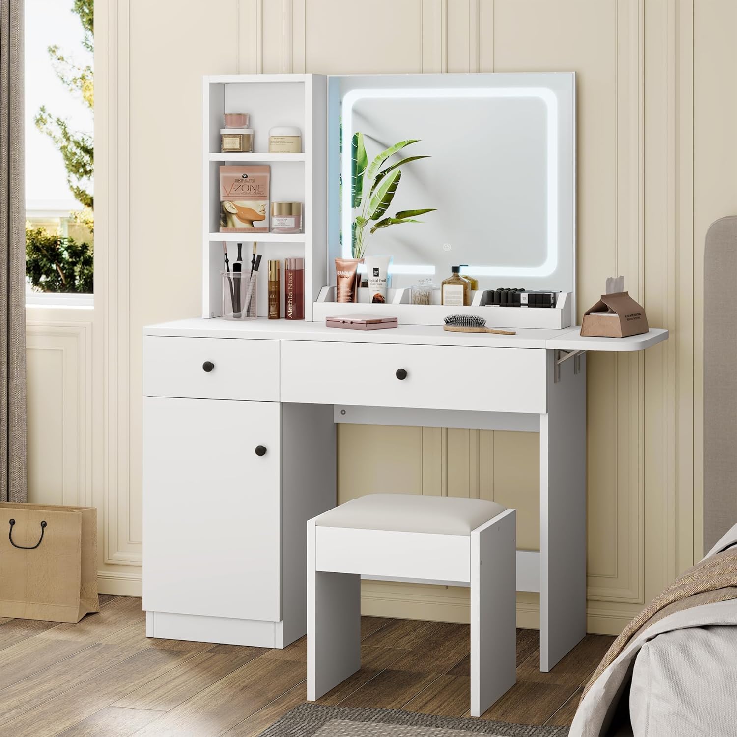 GAOMON Vanity Desk with Mirror and LED Light, Makeup Vanity Desk with Storage Cabinet and Drawers, Vanity Set with Faux Leather Stool Open Shelf (White)