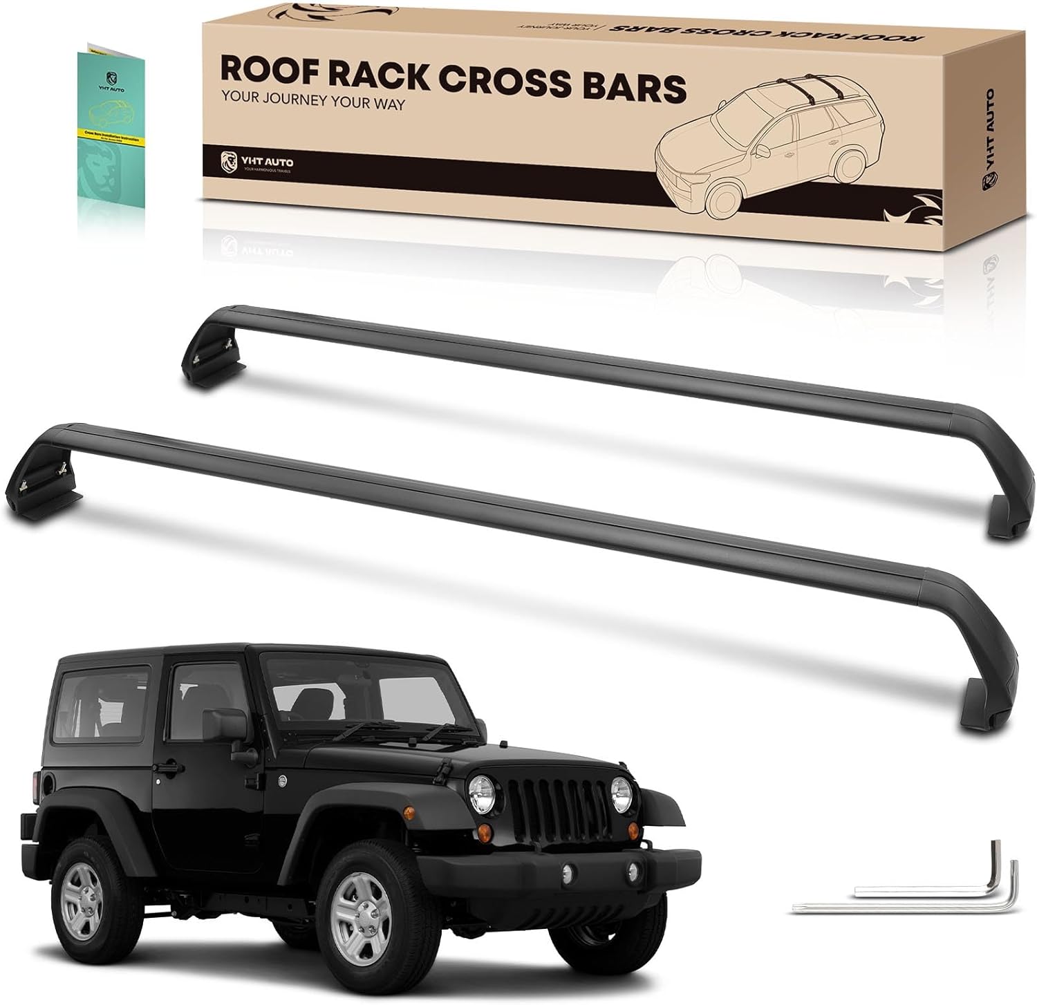 YHTAUTO 165 lbs Roof Rack Cross Bars Fit 2007-2024 Jeep Wrangler JK & JL & Gladiator JT 4 Doors Only, T6063 Aluminum Crossbars Anti-Rust with for Skiboard Kayak Snowboard Bike Rooftop Cargo Luggage
