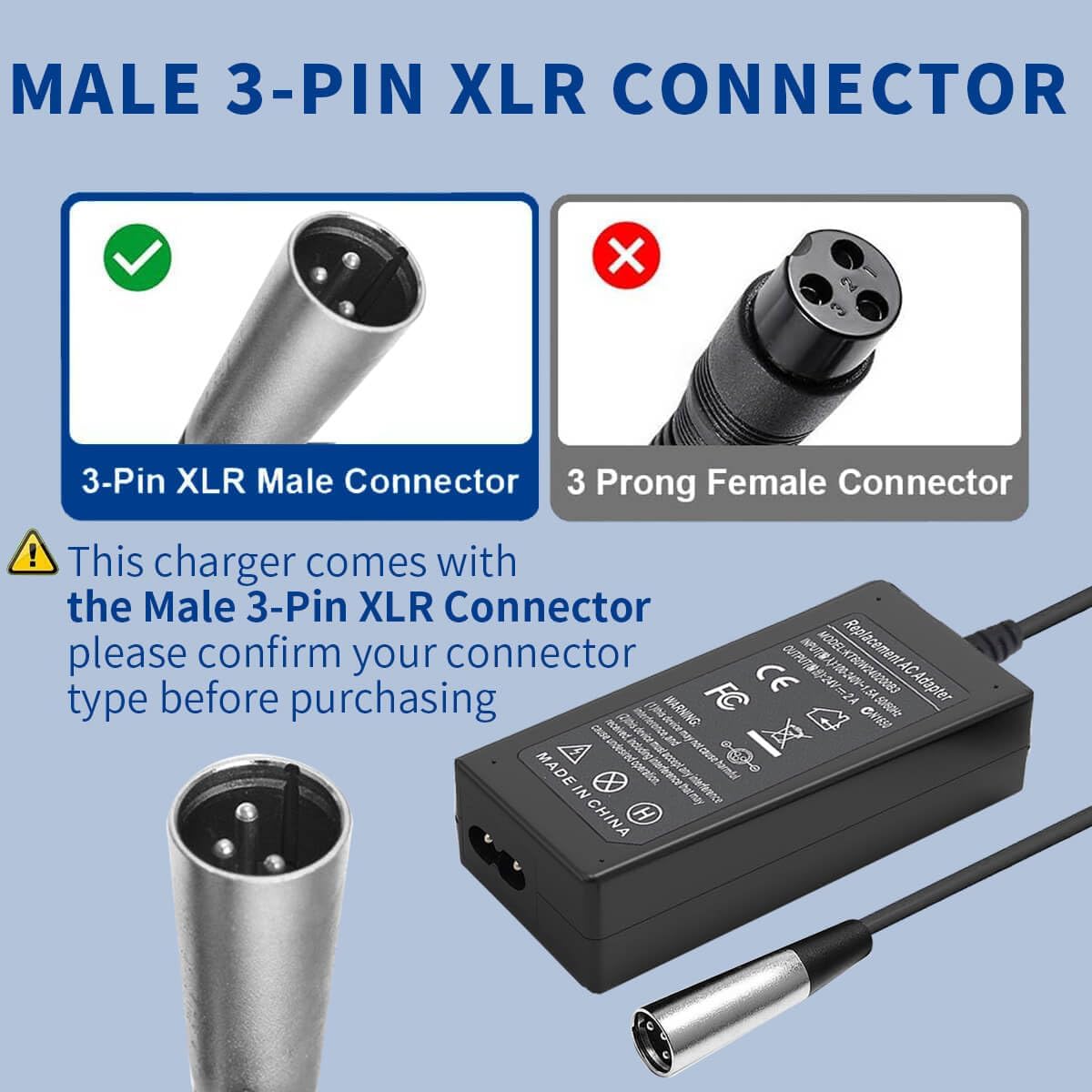 24V 2A 3-Pin XLR Electric Scooter Battery Charger for Pride mobility Scooter,Go-Go Elite Traveller, 4 Wheel mobility, ShopRider, Jazzy power chair, Ezip Mountain Traillz, Drive Medical