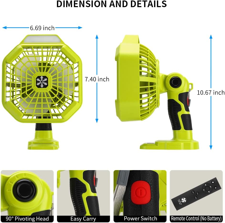 Portable Fan for Ryobi 18v Battery, Cordless fans portable battery operated fan with battery and charger, for Hom, Outdoor,Camping, Picnic and Job Site