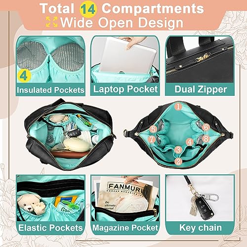 MOMINSIDE Diaper Bag Backpack with 14 Pockets, Leather Baby Bag, Convertible Hobo Backpack, Large Diaper Bag Tote, 6 Bottle Pockets, Wipes Pouch, Insulated Pockets (Brown)