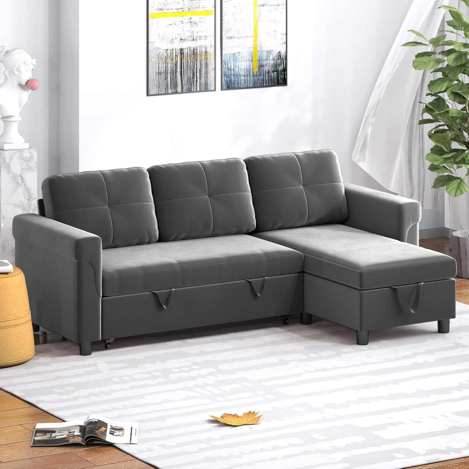 BALUS Sectional Sofa with Storage, Reversible Sleeper Sofa, Pull Out Sofa Bed, Convertible Couches for Living Room, L Shaped Chaise Sofa, Dark Gray