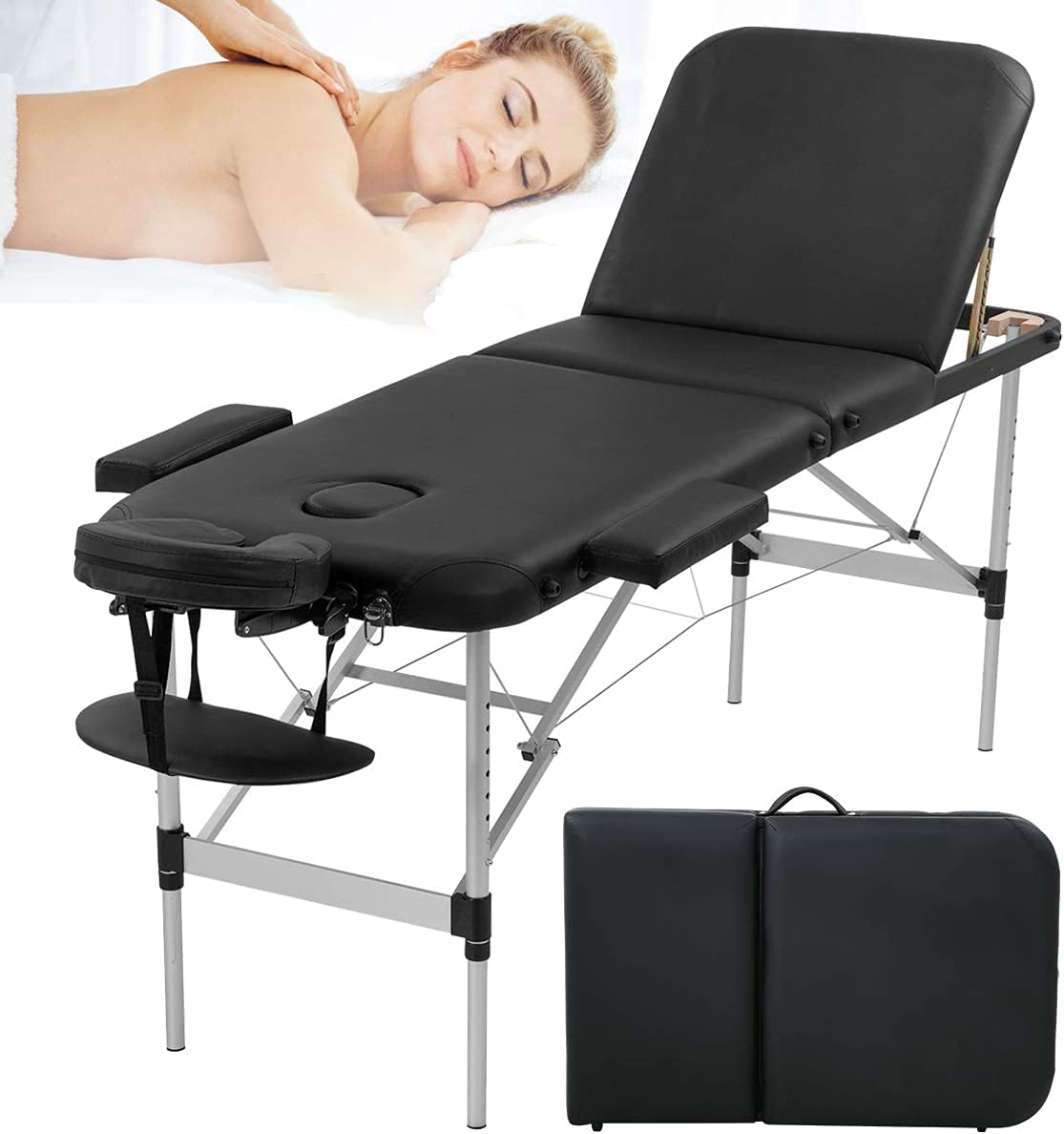 Aluminium Massage Table Portable Massage Spa Bed 3 Fold Professional Massage Salon Bed Height Adjustable Massage Beds Tattoo Bed with Metal Frame, 73 Inch Folding Massage Spa Bed, Black