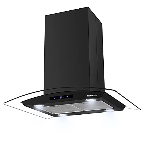 30 Inch Island Range Hood, thermomate 350 CFM Black Stainless Steel Stove Vent Hood with 4 LED Lights, 3 Speed Exhaust Fan with Touch Control, Ducted/Ductless Convertible, ETL Certified