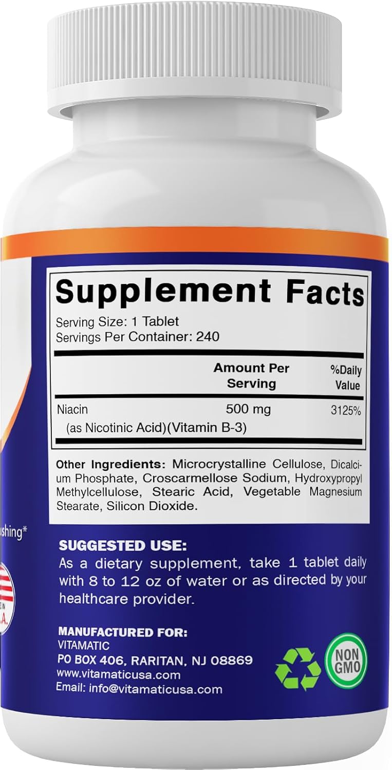 Vitamatic Niacin (Vitamin B3) 500mg, Sustained Release, 240 Tablets - Non-GMO & Gluten Free