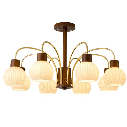 Mid Century Modern Globe Chandelier 6-Light Ribbed Milk Glass Chandelier Farmhouse Rustic Wood Chandelier White and Gold Pendant Light Dining Room Light Fixtures over Table