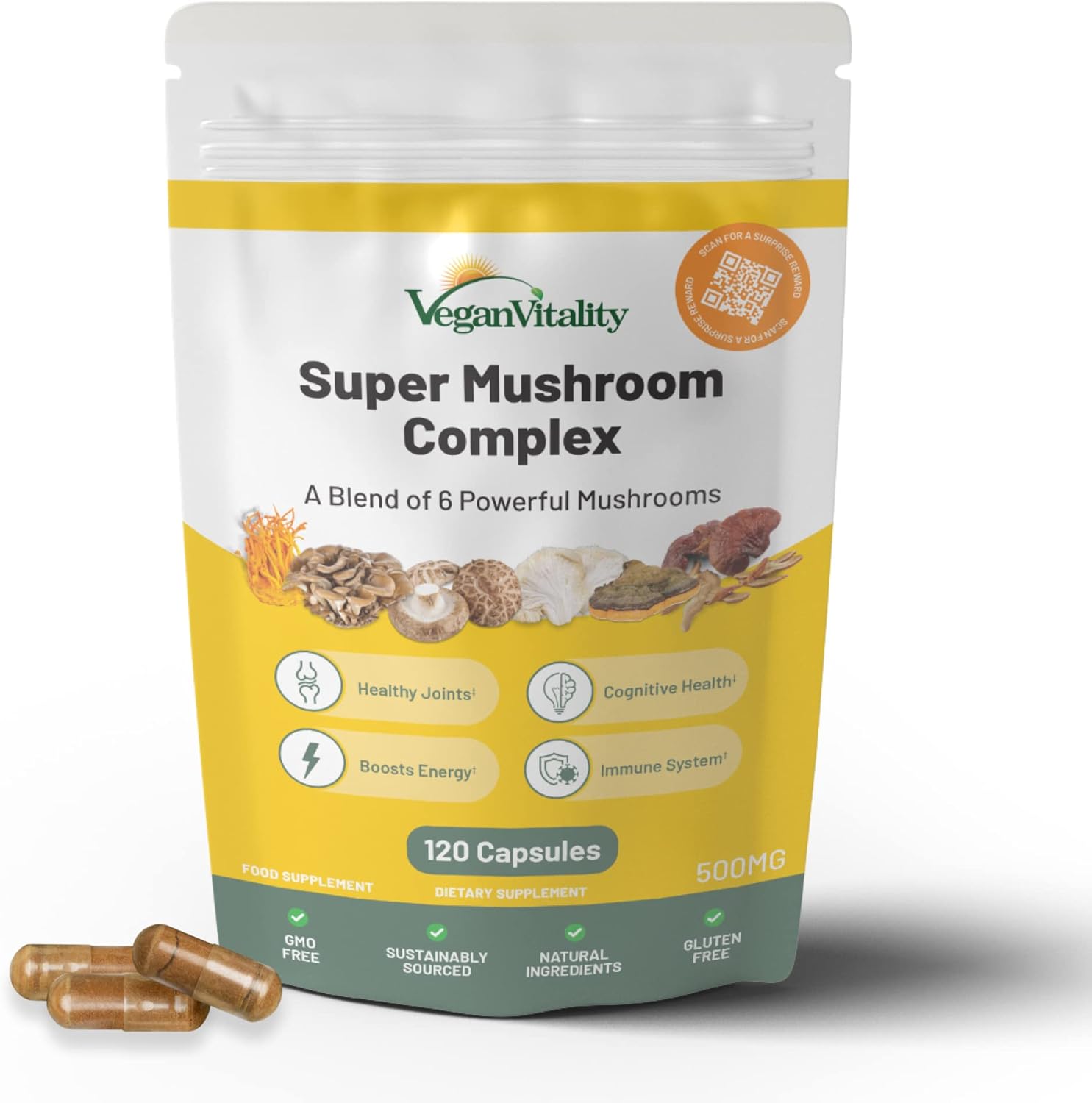 Vegan Vitality Mushroom Complex Capsules Supplement - 120 Capsules with Lions Mane, Reishi, Chaga, Cordyceps, Shitake and Maitake - for Brain, Energy, Focus & Memory Support