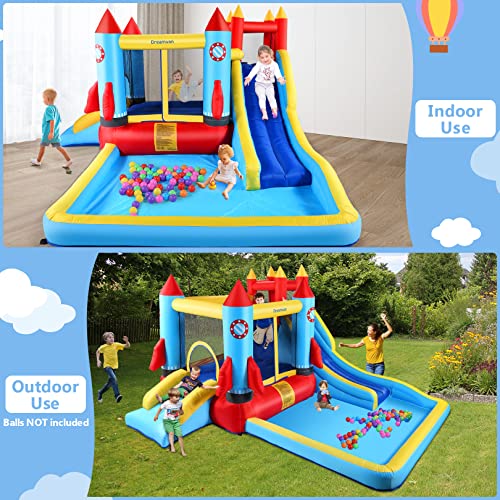 Inflatable Water Bounce House with Blower Kids Water bouncy Castle with Slide, Climbing Wall, Plash Pool, Including Carry Bag Repair Kit ((146 x 132 x 81) Castle)