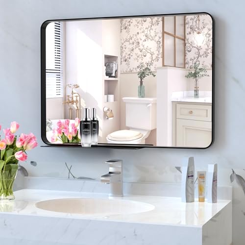 BEAUTME 24x32 inch Bathroom Mirror,Black Rectangle Mirror,Wall Mounted Bathroom Frame Vanity Mirror with Round Corner for Bedroom Living Room, Entryway Hangs Horizontal or Vertical