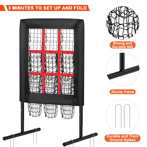 9 Hole Pitching Net Pitching Target Pitchers Net Baseball Trainer with Actual Strike Zone and Pitch Training Ball to Practice Baseball and Softball