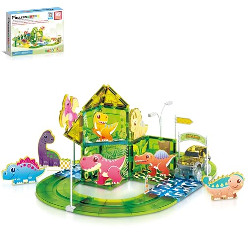 PicassoTiles 30 Piece Magnetic Race Track Toys Car Tracks Set for Toddlers Magnet Building Blocks Tiles Sensory Toys for Kids Include 2 Trucks STEM Engage in Thrilling Races age 3+ year old boys girls