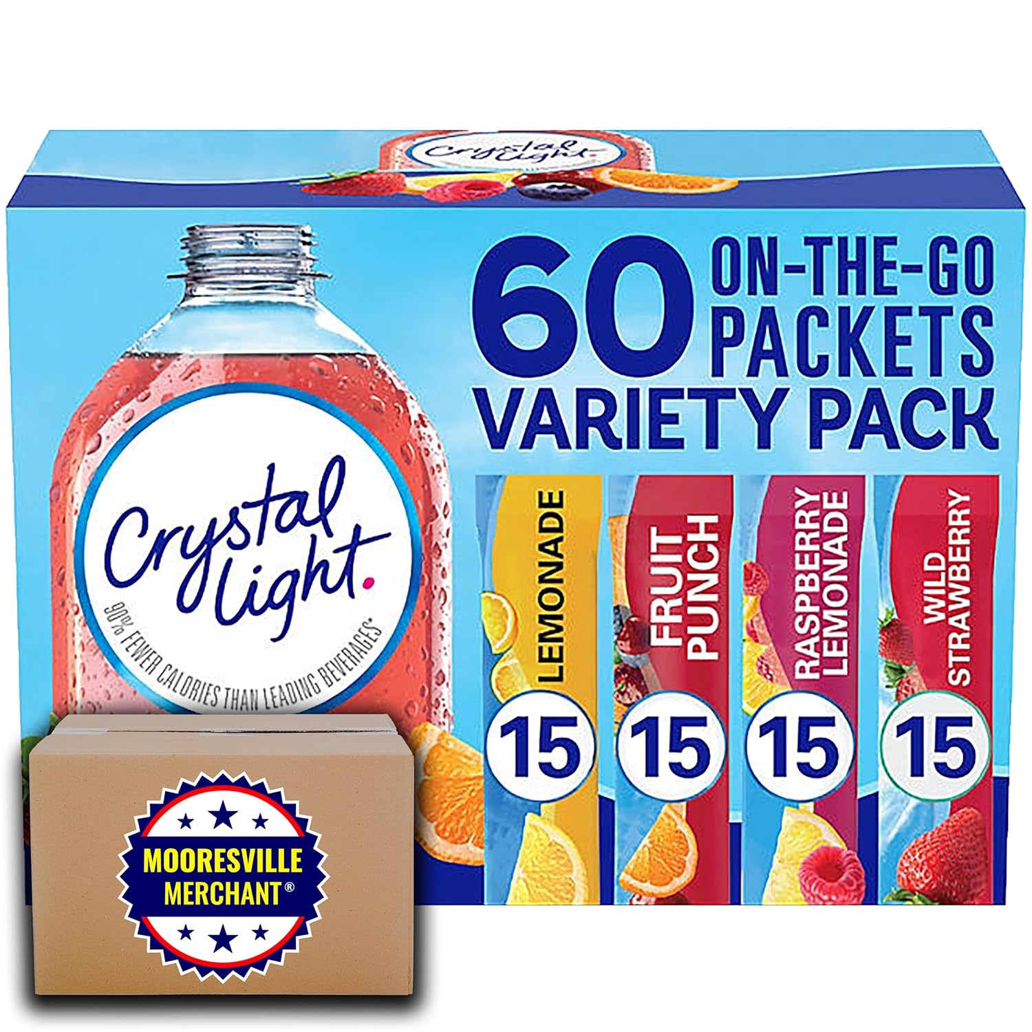 Crystal Light Powdered Drink Mix Variety Pack, 60 Packets, 1 Box with Mooresville Merchant Decal