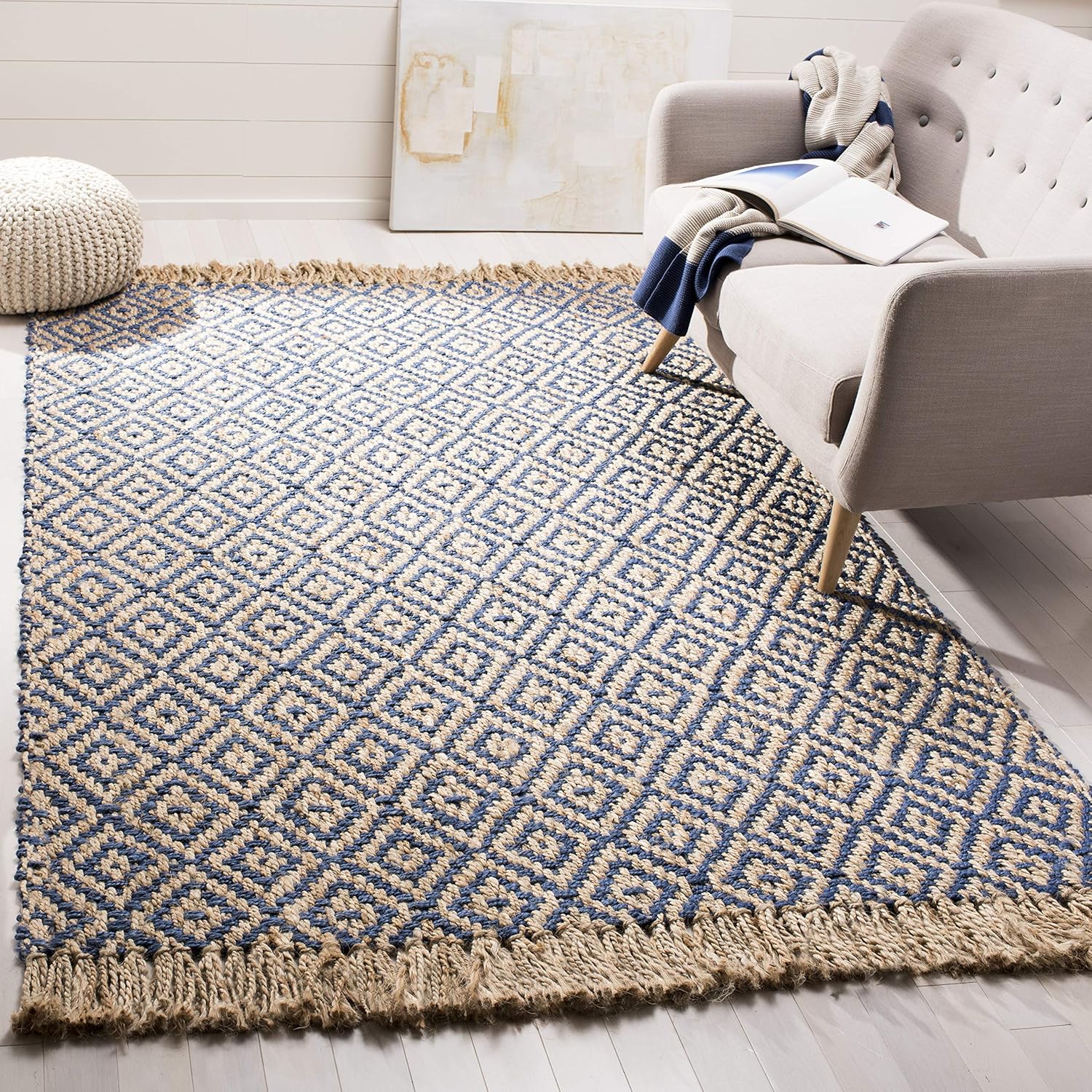 SAFAVIEH Natural Fiber Collection Area Rug - 5' x 8', Tropical Blue & Natural, Handmade Boho Diamond Tassel Jute, Ideal for High Traffic Areas in Living Room, Bedroom (NF266D)