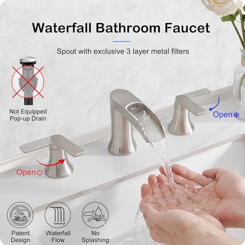 Brushed Nickel Faucet Bathroom, Waterfall Bathroom Faucet 3 Hole, 8-16 Inch Brass Sink Faucet Bathroom, 2 Handle Widespread Faucets for Bathroom Sinks Vanity Lavatory Sanitary, NO Drain Included