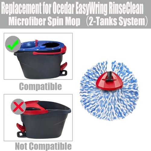Spin Mop Replace Head, Base, Handle Compatible with O cedar EasyWring RinseClean Microfiber Spin Mop, 4 Microfiber Mop Refills, 1 Triangle Mop Base and 58in Mop Handle (Blue (2-Tank System))