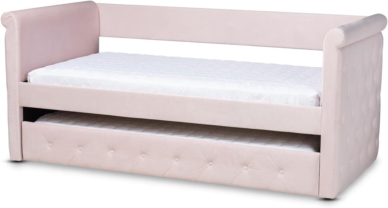 Baxton Studio Amaya Modern and Contemporary Light Pink Velvet Fabric Upholstered Twin Size Daybed with Trundle