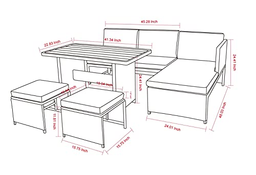 5 Pieces Patio All Weather Rattan Wicker Sectional Dining Sets with Poly Wood Table, Outdoor Furniture Cushioned Sofa Sets with Ottomans and Lounge Sofa (Light Gray Wicker + Dark Gray Cushion)