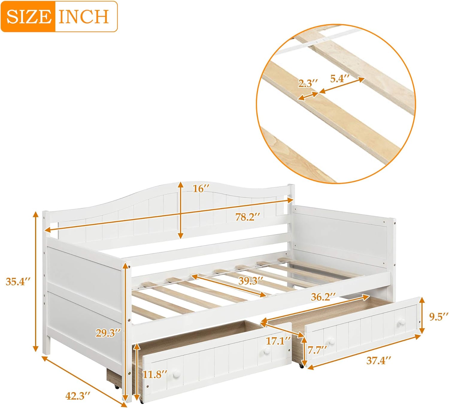 Anwick Wooden Twin Daybed Frame with 2 Drawers,Wooden Sofa Bed for Bedroom Living Room,Twin Size Daybed with Storage Drawers,No Box Spring Needed,White