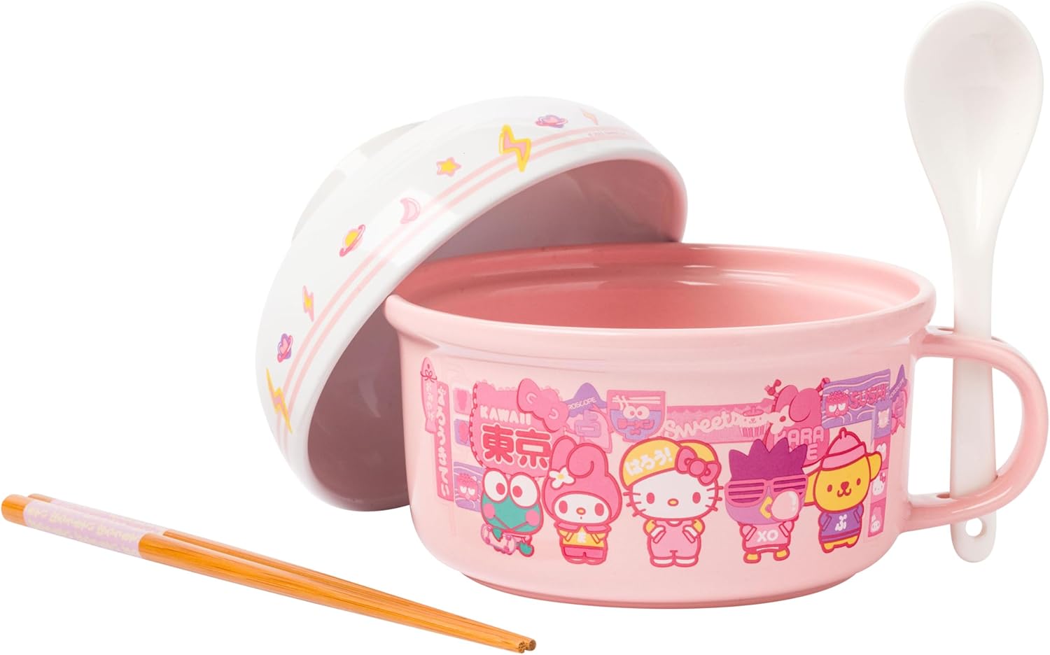 Silver Buffalo Sanrio Hello Kitty and Friends Featuring Keroppi, My Melody, Badtz-Maru, and Pompompurin Soup Mug and Bowl Lid with Spoon and Chopsticks, 13 Ounce Bowl Lid, 22 Ounce Soup Mug