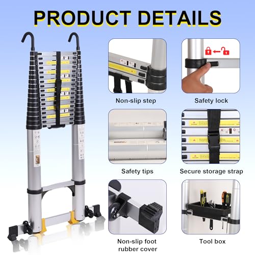 16.5 FT Telescoping Ladder, Lightweight Multi-Purpose Aluminum Extension Ladder w/Tool Tray and Non-Slip Feet, Retractable Extendable Ladder for Home, RV, Roof and Outdoor Work