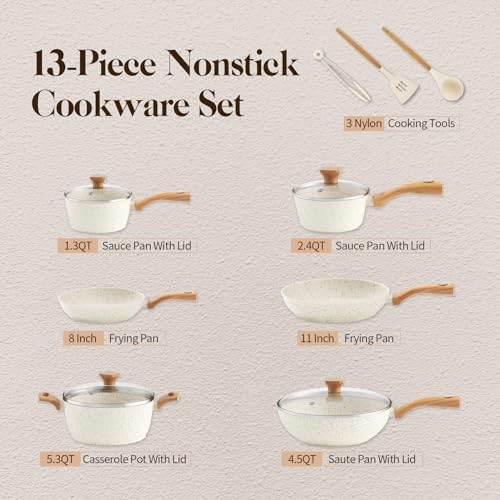 Pots and Pans Set Nonstick, 13 Piece Kitchen Nonstick Cookware Sets with Bakelite Handles, Non-Toxic Non Stick Cooking Set, Granite, Induction Compatible (PFOS, PFOA Free)