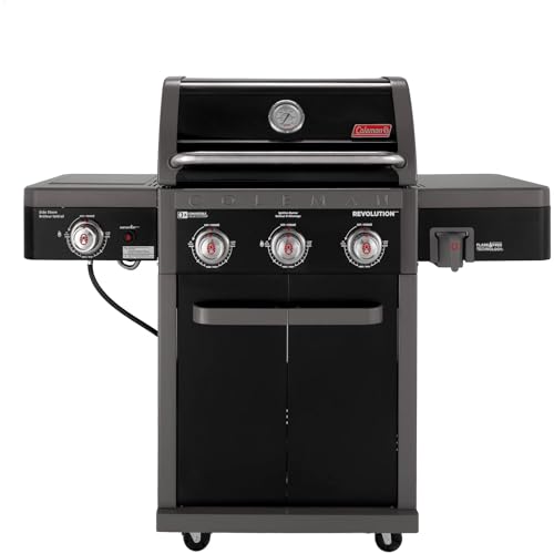 Coleman Revolution 2-Burner 30,000 BTU BBQ Gas Grill with 440-Sq. In. Total Cooking Surface, 2 Side Shelves, Flare-Free Grates, and 4-Wheel Compact Cart, Portable Propane Grill in Black