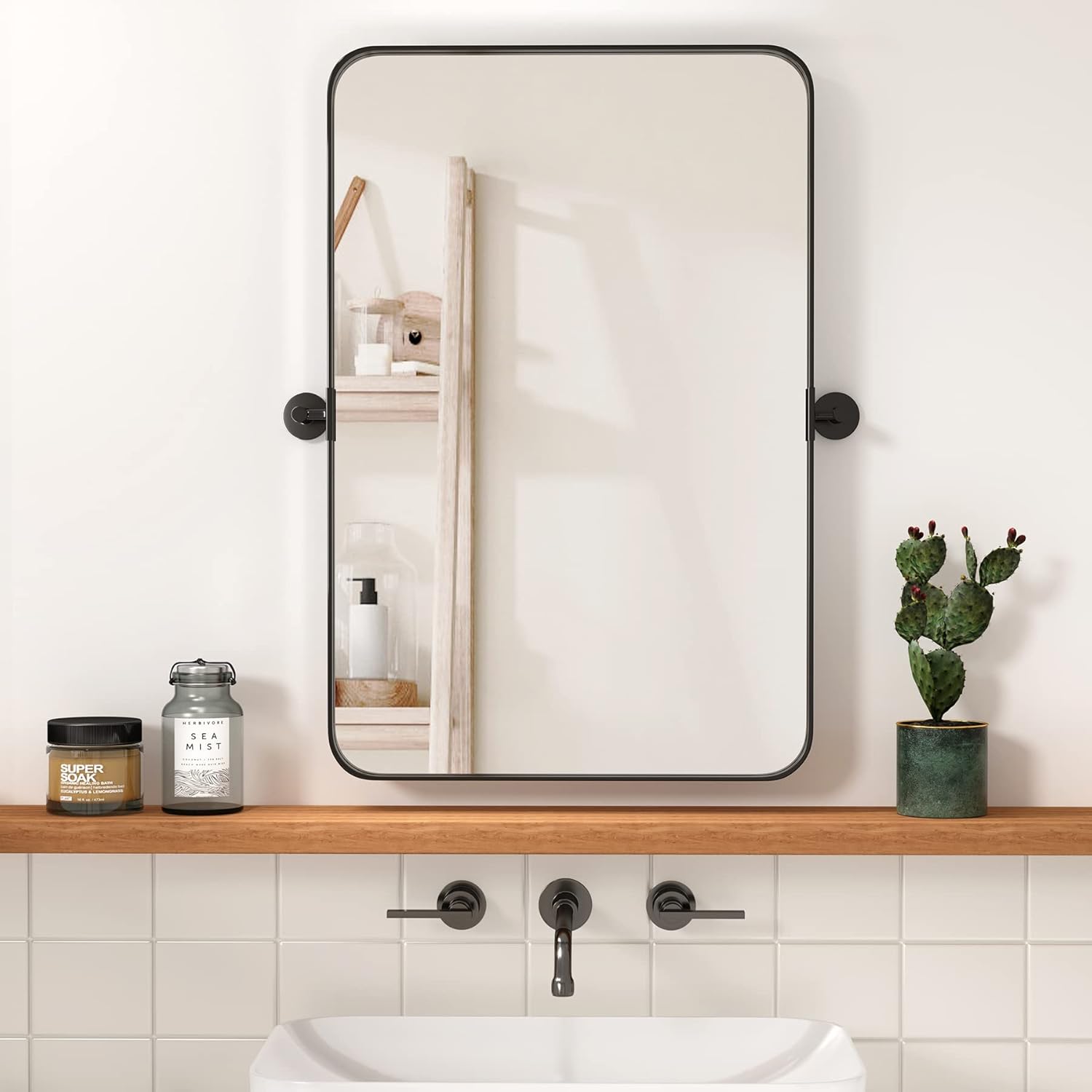Rectangle Pivot Bathroom Mirror - 24×36 Inch Metal Frame Wall Mirror Black Wall Mounted Mirror for Bedroom Living Room