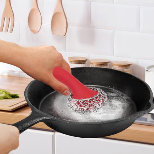 Cast Iron Scrubber with Long Handle | 316 Cast Iron Cleaner Chainmail Scrubber for Cast Iron Pan Skillet Cleaner - Dish Scouring Pad Dishwasher Safe Cleaning Kit (Black, 1 Scrubber + 1 Scraper)