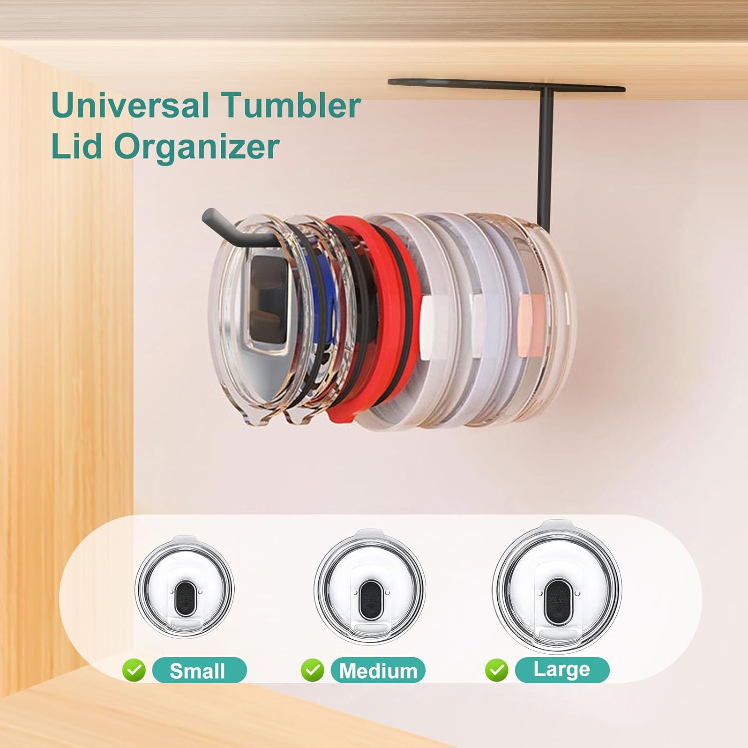 3 Pack Tumbler Lid Organizer, Space Saving Cup Lid Organizer for Yeti Tumbler/Stanley Tumbler/Simple Modern Tumbler Lids, Self-Adhesive or Drilling Tumbler Lid Hook for Kitchen Organizers and Storage