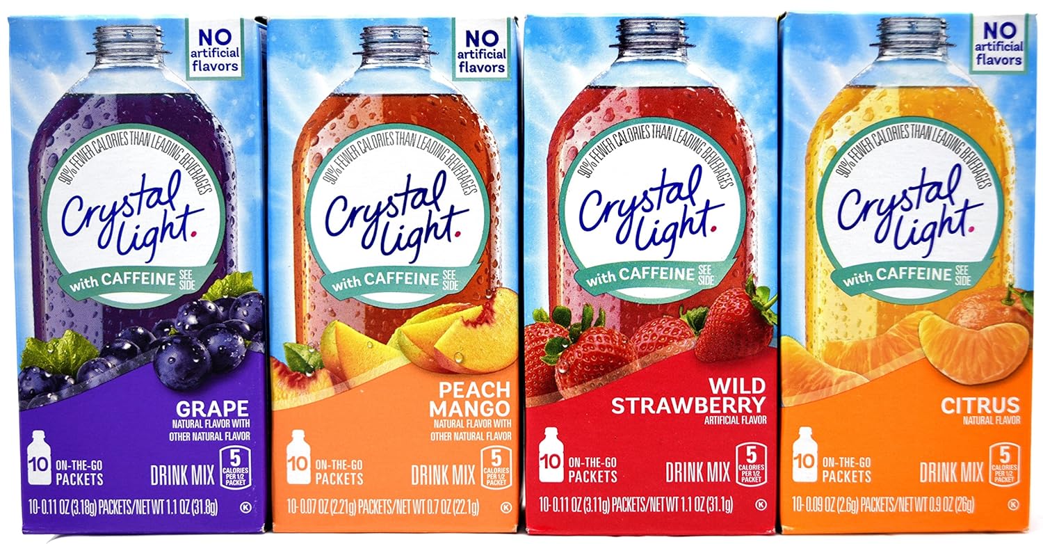 Crystal Light On The Go With Caffeine Drink Mix Variety Pack, 4 Flavors, 3 Boxes of Each Flavor, 12 Boxes Total