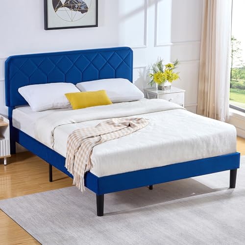 VECELO Queen Size Bed Frame Premium Velvet Upholstered Platform with Height Adjustable Headboard/Mattress Foundation, Solid Wooden Slat Support, No Box Spring Needed/Easy Assembly
