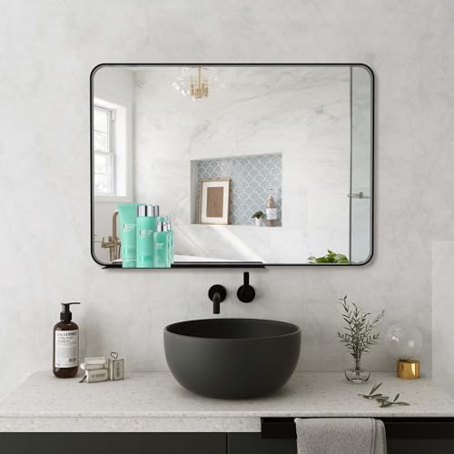 BEAUTME 24x32 inch Bathroom Mirror,Black Rectangle Mirror,Wall Mounted Bathroom Frame Vanity Mirror with Round Corner for Bedroom Living Room, Entryway Hangs Horizontal or Vertical