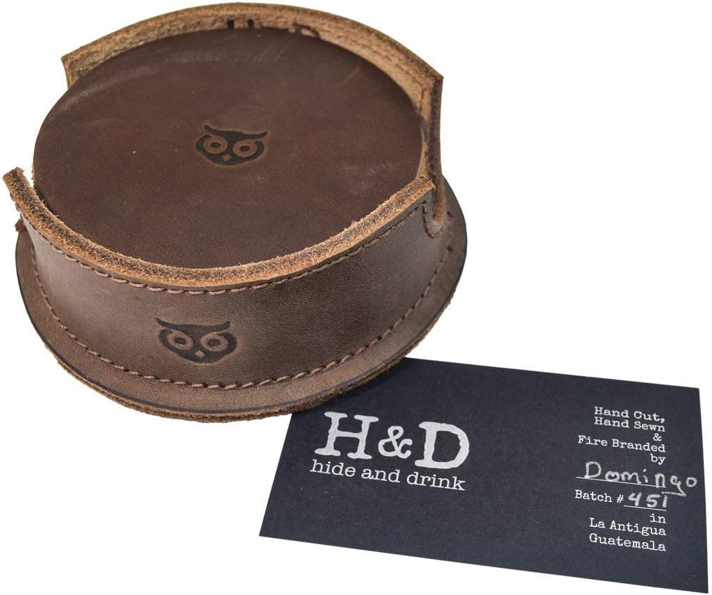 Hide & Drink, Durable Thick Leather Owl Coasters (6-Pack) Wood Furniture, Coffee & Kitchen Table, Stain Protection, Home & Office Essentials Handmade :: Bourbon Brown