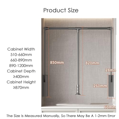 Pull Down Closet Rod,Adjustable Large Lift Cloth Hanger,Clothes Hanger with Slow Rebound Space Saving Weight Capacity 30KG,for Wardrobe Closet Cloakroom Cupboard(510-660mm)