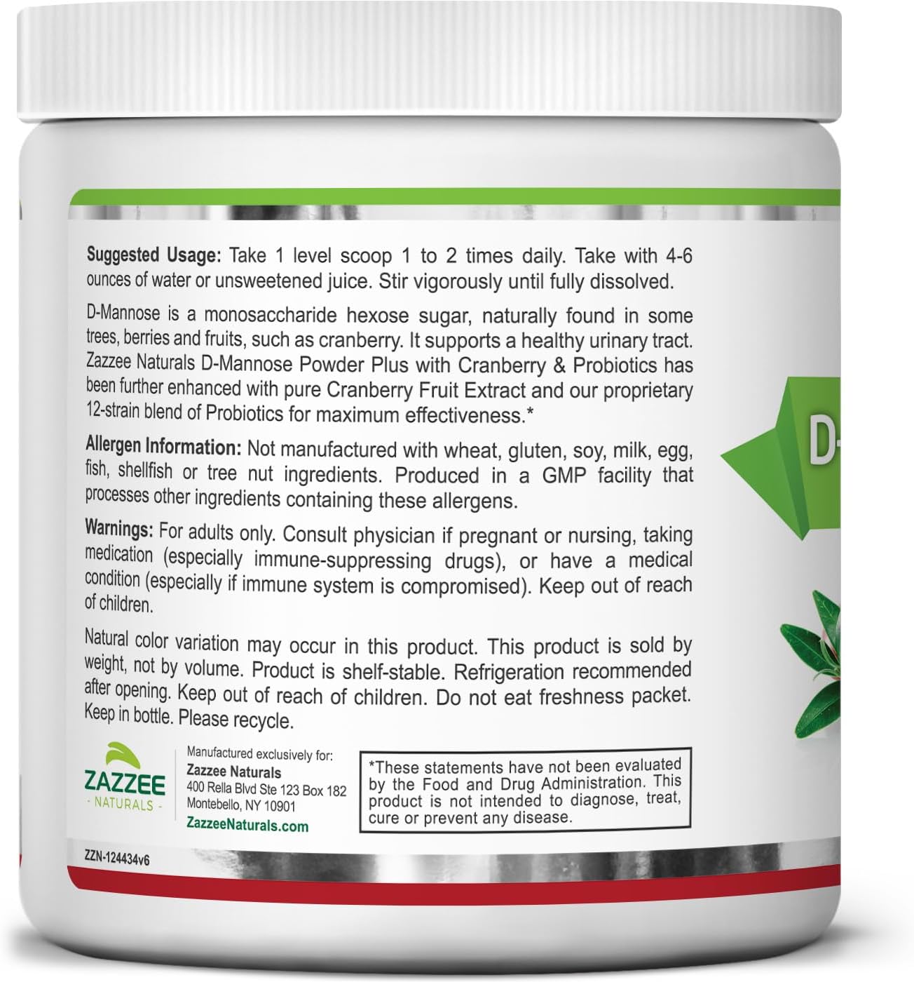 Zazzee D-Mannose Powder Plus, 2000 mg, 67 Servings, Potent & Fast-Acting, Plus 5 Billion CFU Probiotics and Pure Cranberry Juice Extract, Free Scoop, 6.5 Oz, Vegan, Gluten-Free, Non-GMO, All-Natural