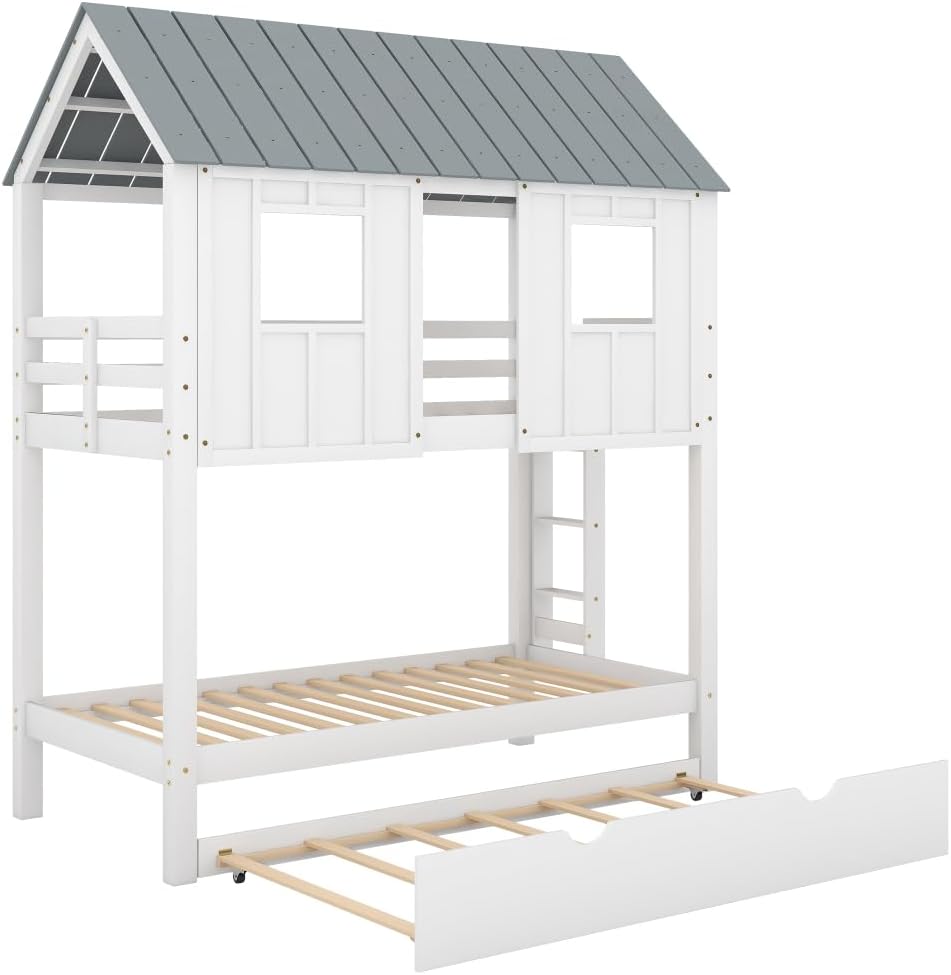 House Bunk Bed with Trundle,Roof and Windows,White 3-Numbers of Package Pine Wood +MDF Twin/Twin 79.6