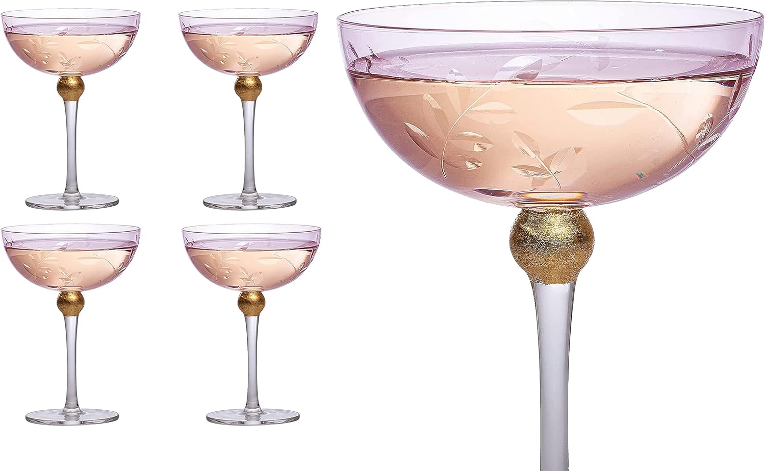 Colored Coupe Art Deco Glasses, Gold | Set of 4 | 8 oz Classic Cocktail Glassware for Champagne, Martini, Manhattan, Sidecar, Crystal Speakeasy Style Goblets Stems (Pink)