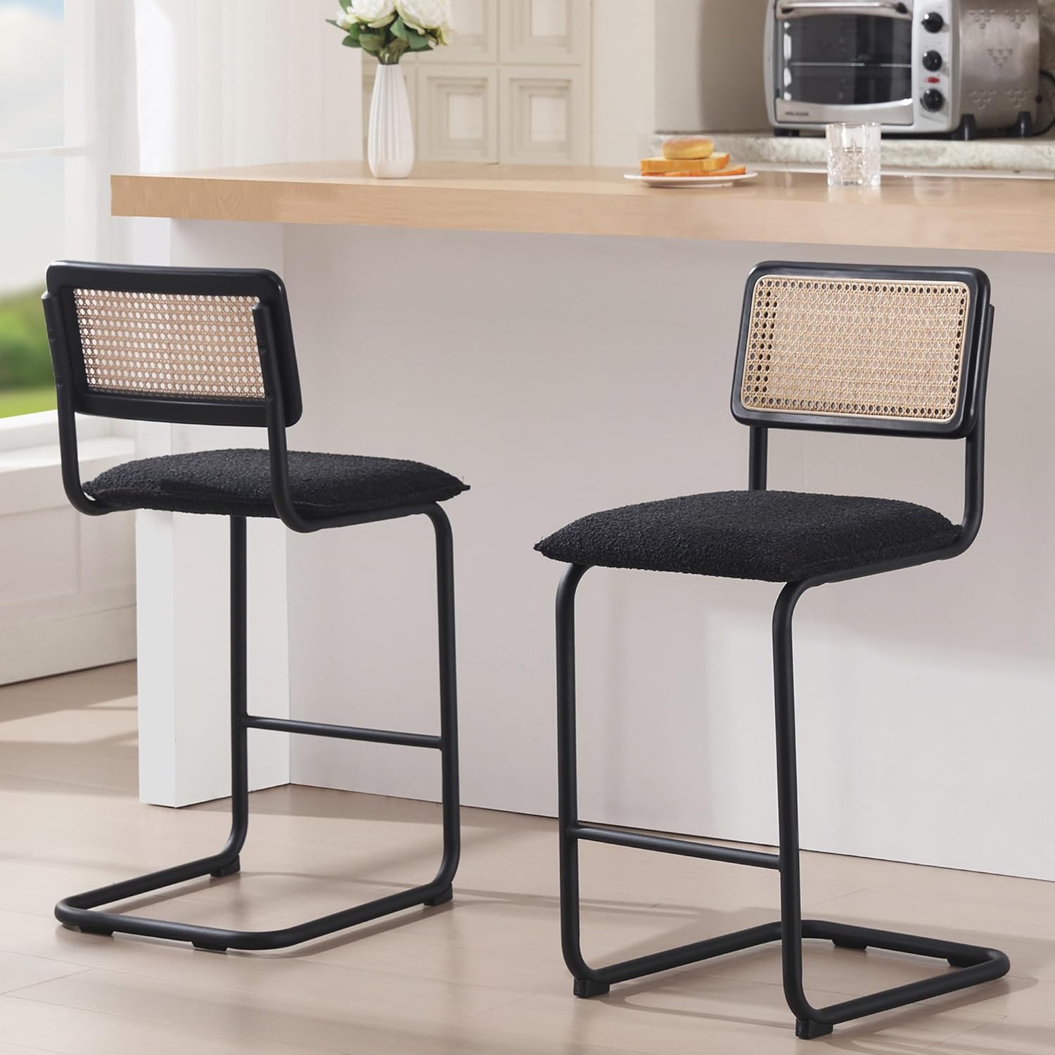 Zesthouse Boucle Bar Stools Counter Height Set of 2, 26'' Rattan Barstools with Wooden Back & Natural Cane Mesh, Mid Century Cantilevered Design Counter Stools for Kitchen Island, Chrome Base