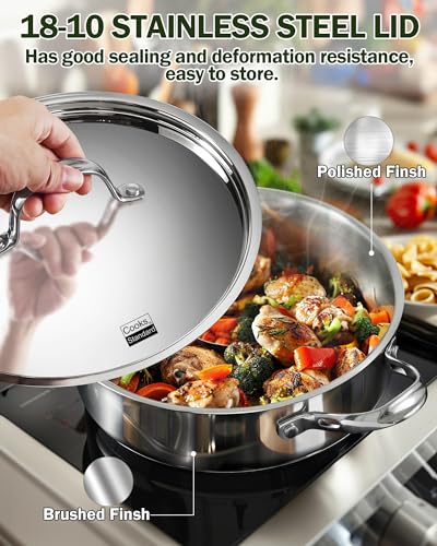 Cooks Standard Multi-Ply Clad Stainless Steel Saute Pan 10.5 Inch, 4 Quart Deep Frying Pan Skillet with Lid, Induction Cookware, Stay-Cool Handle
