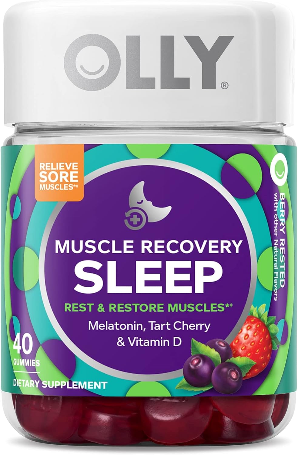 OLLY Muscle Recovery Sleep Gummies, Sleep and Sore Muscle Support, 3mg Melatonin, Tart Cherry & Men's Multivitamin Gummy, Overall Health and Immune Support, Vitamins A, C, D, E, B, Lycopene