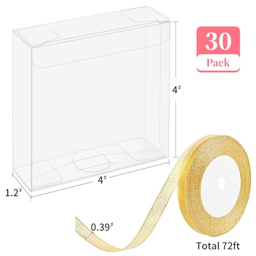 Ohuimrt 45 Pack Clear Favor Boxes 4 x 4 x 4 Inches, Transparent Plastic Gift Boxes with Gold Ribbon Party Favor Boxes for Treats, Cupcakes, Candies, Chocolates