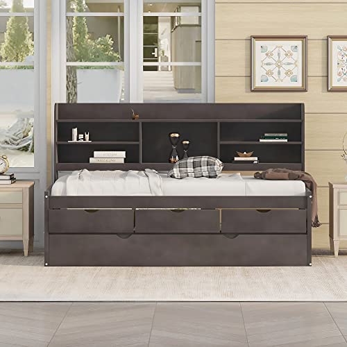 Twin Over Twin House Bunk Bed with Window Box,Solid Wood Bedframe with Roof,Door,Safety Guardrails and Ladder for Kids,Gray