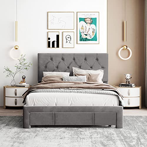 Queen Size Upholstered Linen Platform Boasts Button-Tufted Headboard,Wooden Bed Frame,w/ 10 Slat Support,No Box Spring Required,for Apartment,Bedroom,Guest Room,Beige