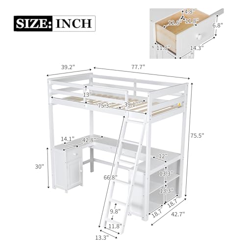 White Wooden Twin Size Loft Bed with Built-in Desk and Bookshelves, Solid Wood High Bedframe w/Storage Cabinet, 2 Drawers, Ladder and Guardrails, Wood Slats Support White Twin Size