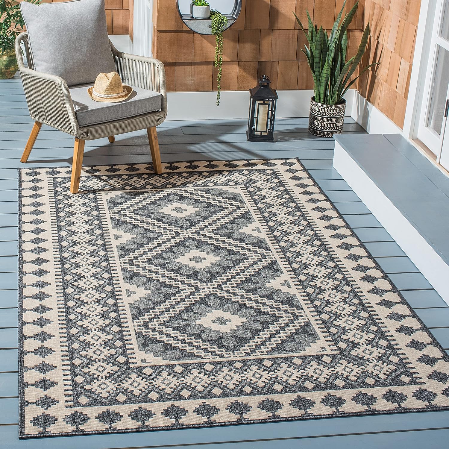 SAFAVIEH Veranda Collection 3' Square Ivory/Grey VER099 Boho Indoor/ Outdoor Non-Shedding Easy--Cleaning Patio Backyard Porch Deck Mudroom Accent--Rug