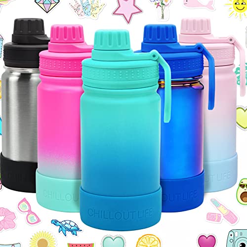 CHILLOUT LIFE 12 oz Kids Insulated Water Bottle for School with Leakproof Spout Lid and Cute Waterproof Stickers, Personalized Stainless Steel Thermos Flask Metal Water Bottle, Blue Space